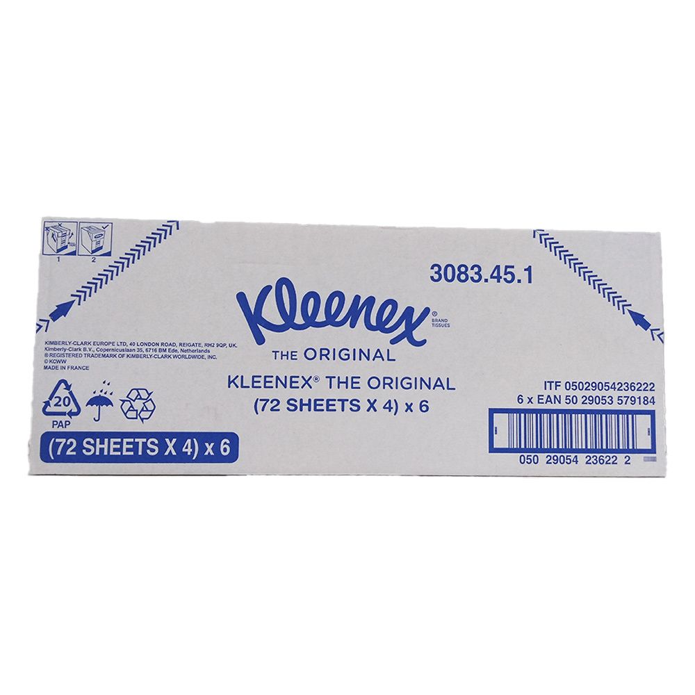 Kleenex Original Taschentücher, 6 Packungen à 4 x 72 Tücher. Weiße Verpackung mit Logo, Produktname und Angaben.