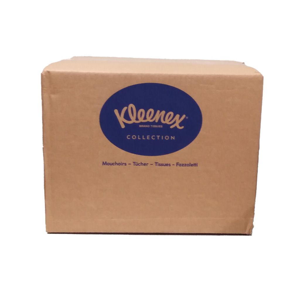 Kartonverpackung mit blauem Kleenex-Logo. Aufschrift: Collection. Mehrsprachige Angaben: Taschentücher, Tücher, Tissues, Fazzoletti.