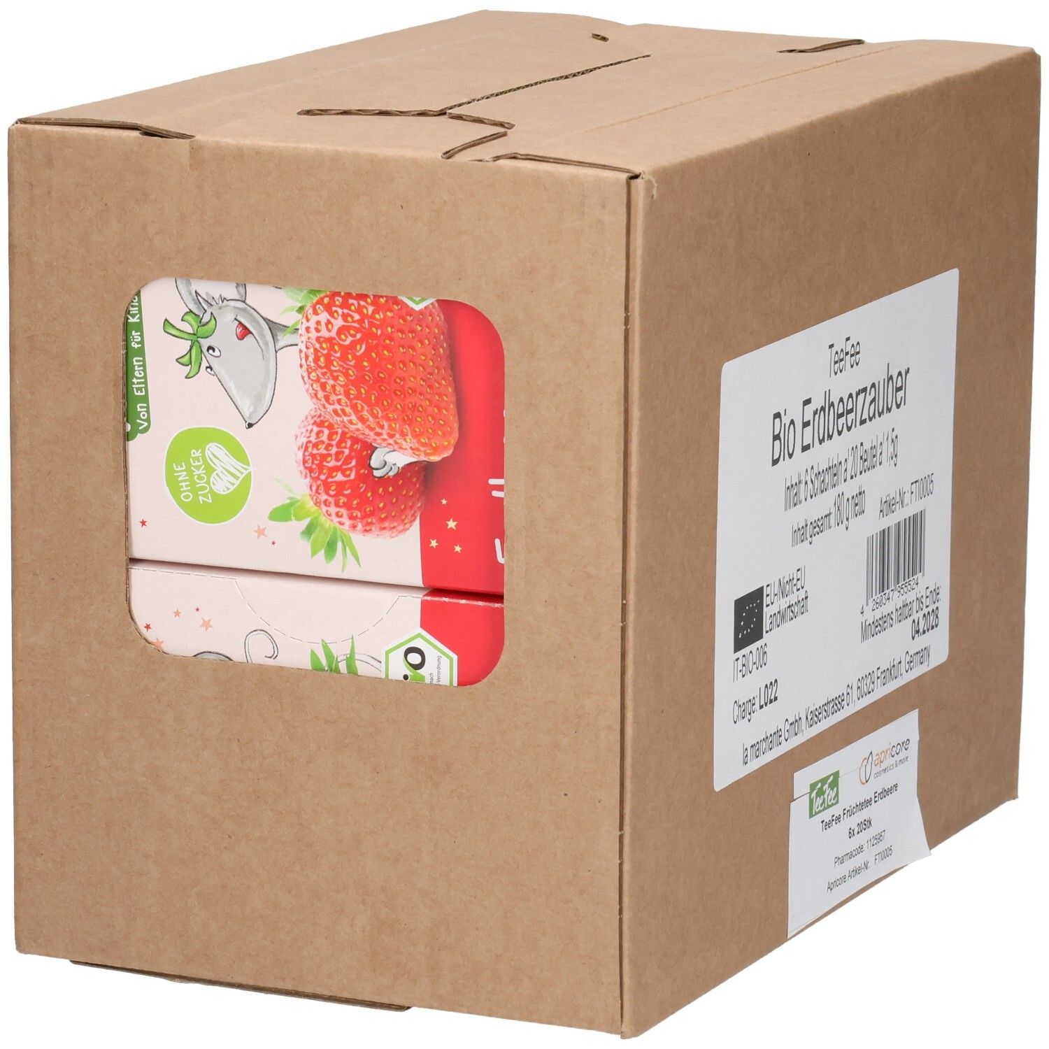 Boîte en carton TeeFee Bio Erdbeerzauber. Fenêtre montrant des boîtes de thé. Label bio UE. À consommer de préférence avant 04.2028.