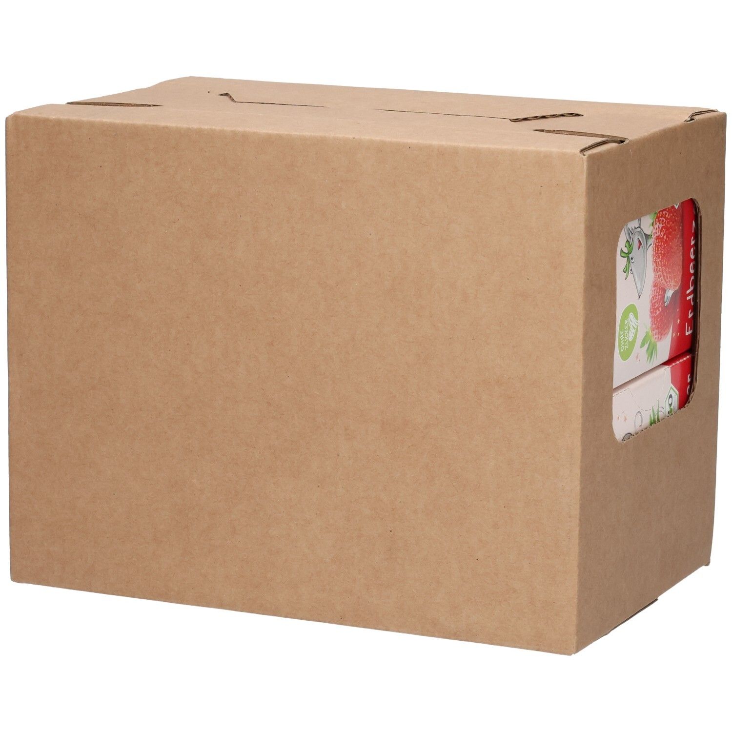 Boîte en carton marron avec fenêtre. Contient des boîtes de thé. Aucun autre détail visible.