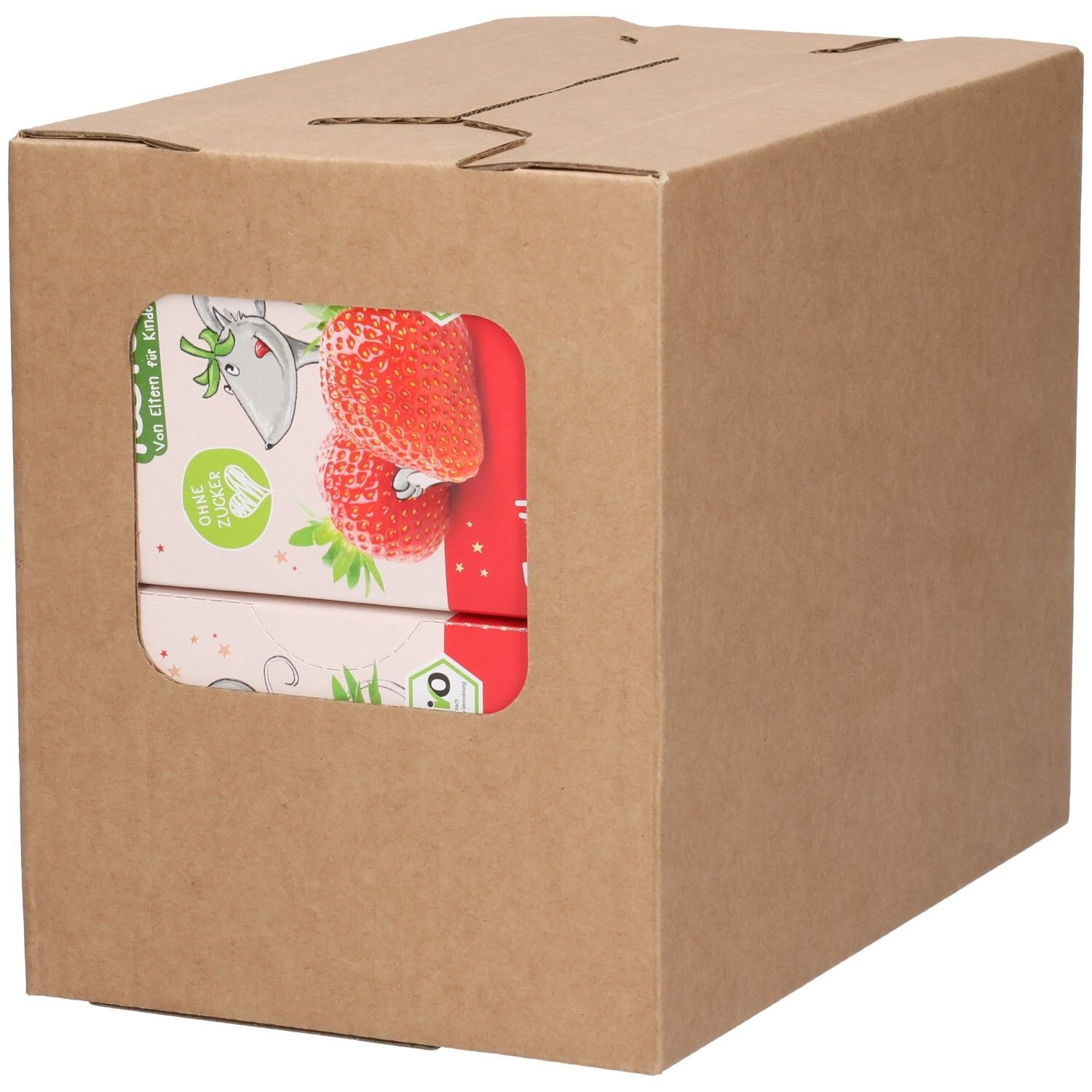 Boîte en carton avec fenêtre. Montre des boîtes de thé avec un motif de fraise. Aucun autre détail visible.