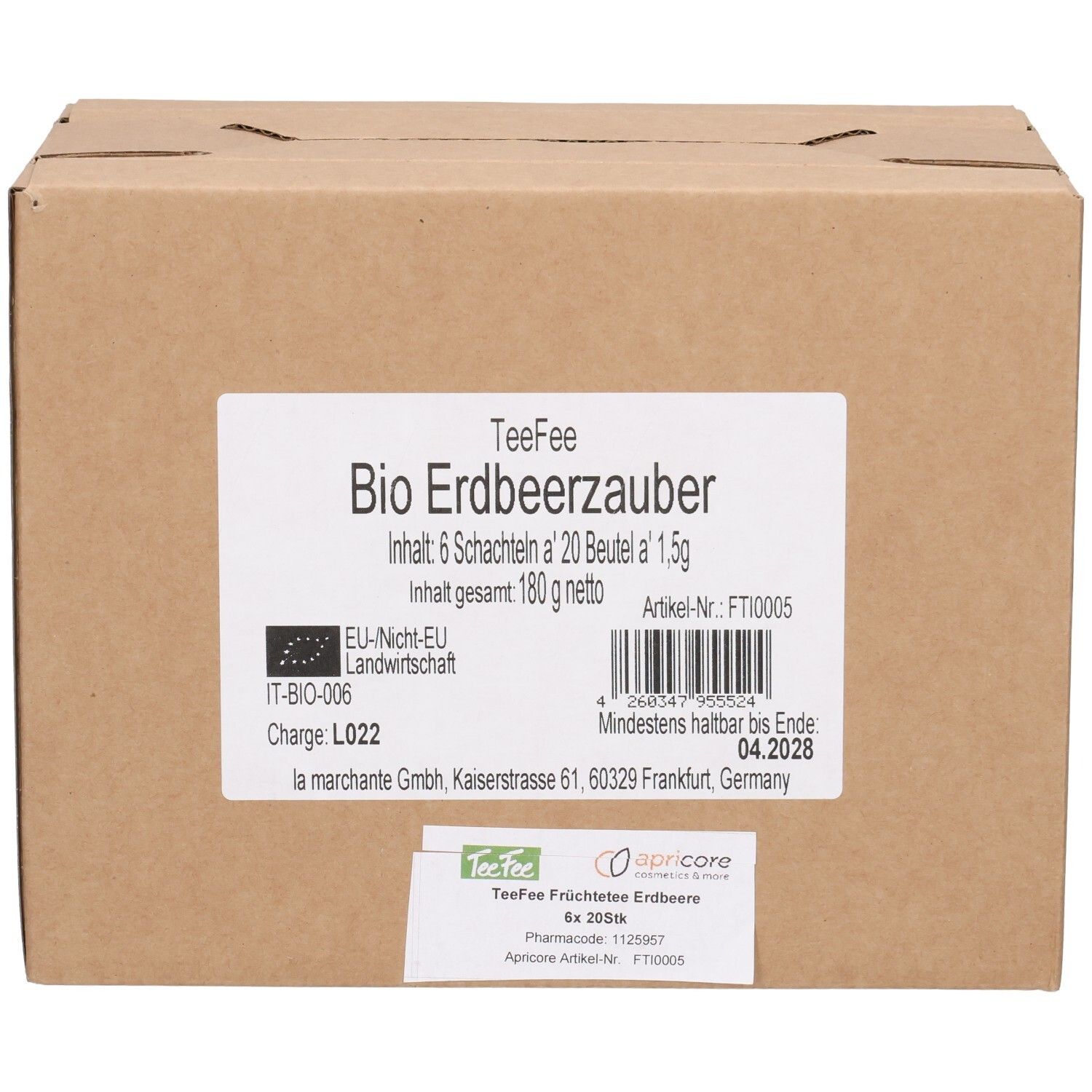 Boîte en carton TeeFee Bio Erdbeerzauber. Contient 6 boîtes de 20 sachets. Label bio UE. À consommer de préférence avant 04.2028.