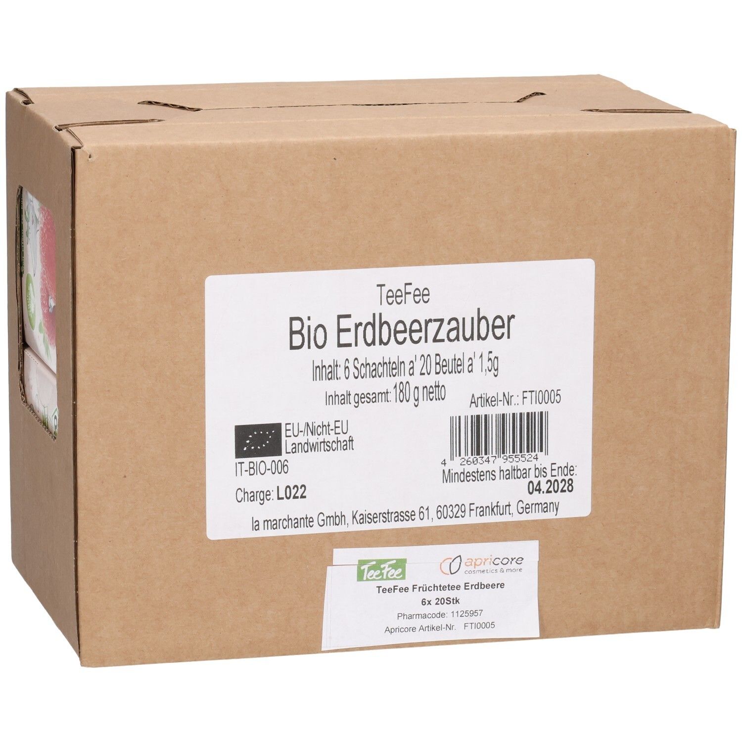 Boîte en carton TeeFee Bio Erdbeerzauber. Contient 6 boîtes de 20 sachets. Label bio UE. À consommer de préférence avant 04.2028.