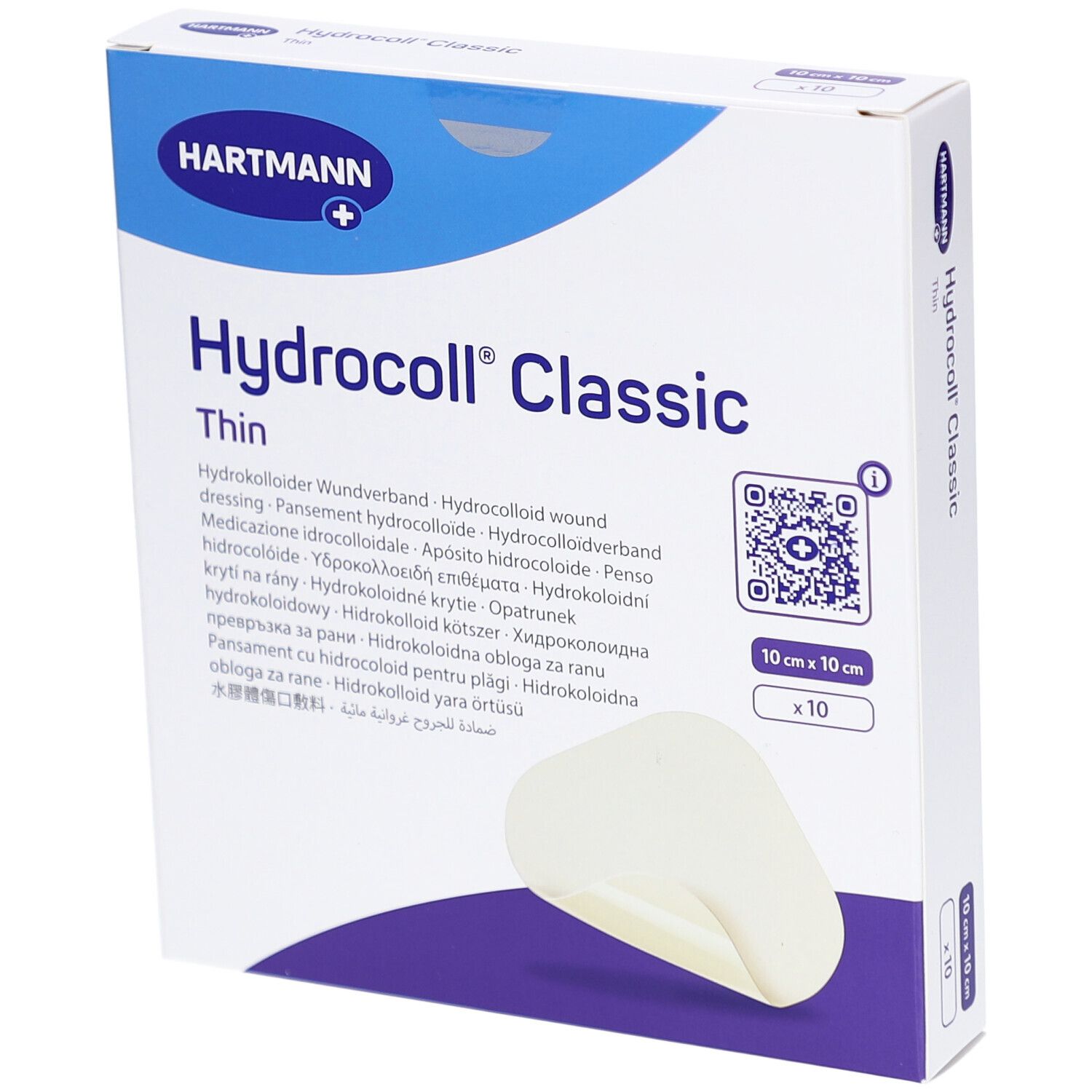 Verpackung von Hydrocoll Classic Thin, 10x10 cm, mit 10 Stück. Marke Hartmann. Produkt und Verpackung sind weiß.