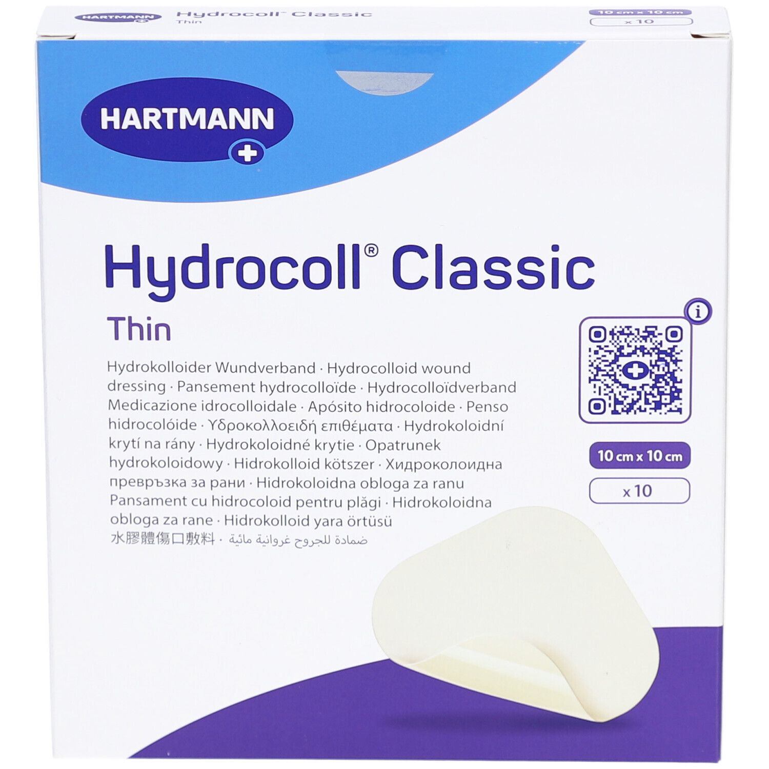 Verpackung von Hydrocoll Classic Thin, 10x10 cm, 10 Stück. Marke Hartmann. Produkt und Verpackung sind weiß.