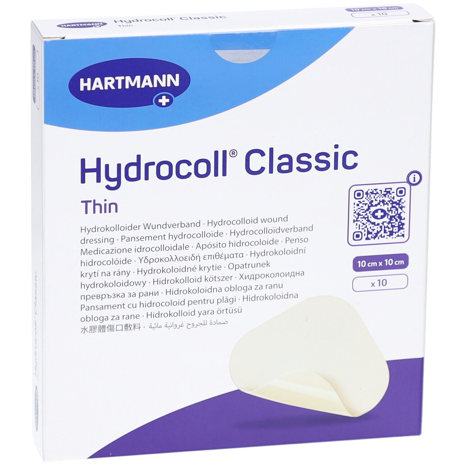 Verpackung von Hydrocoll Classic Thin, 10x10 cm, 10 Stück. Marke Hartmann. Produkt und Verpackung sind weiß.