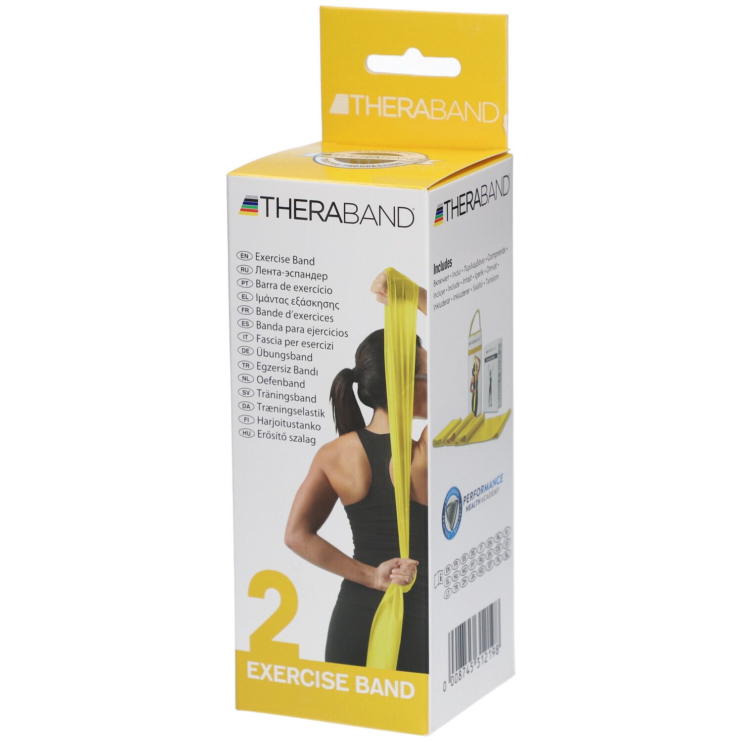Gelbes Übungsband in Verpackung. Aufdruck: THERABAND, Exercise Band. Frau demonstriert Anwendung. Gelbe Box mit Aufhänger.