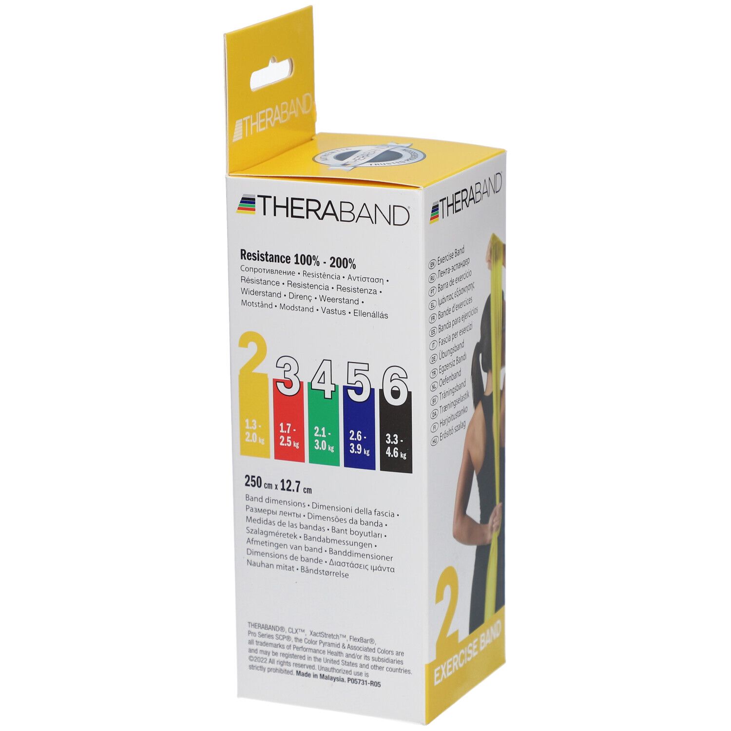 Verpackung mit gelbem Übungsband. Aufdruck: THERABAND, Widerstand 100%-200%. Farbcode für Widerstandsstufen. Maße: 250 x 12,7 cm.