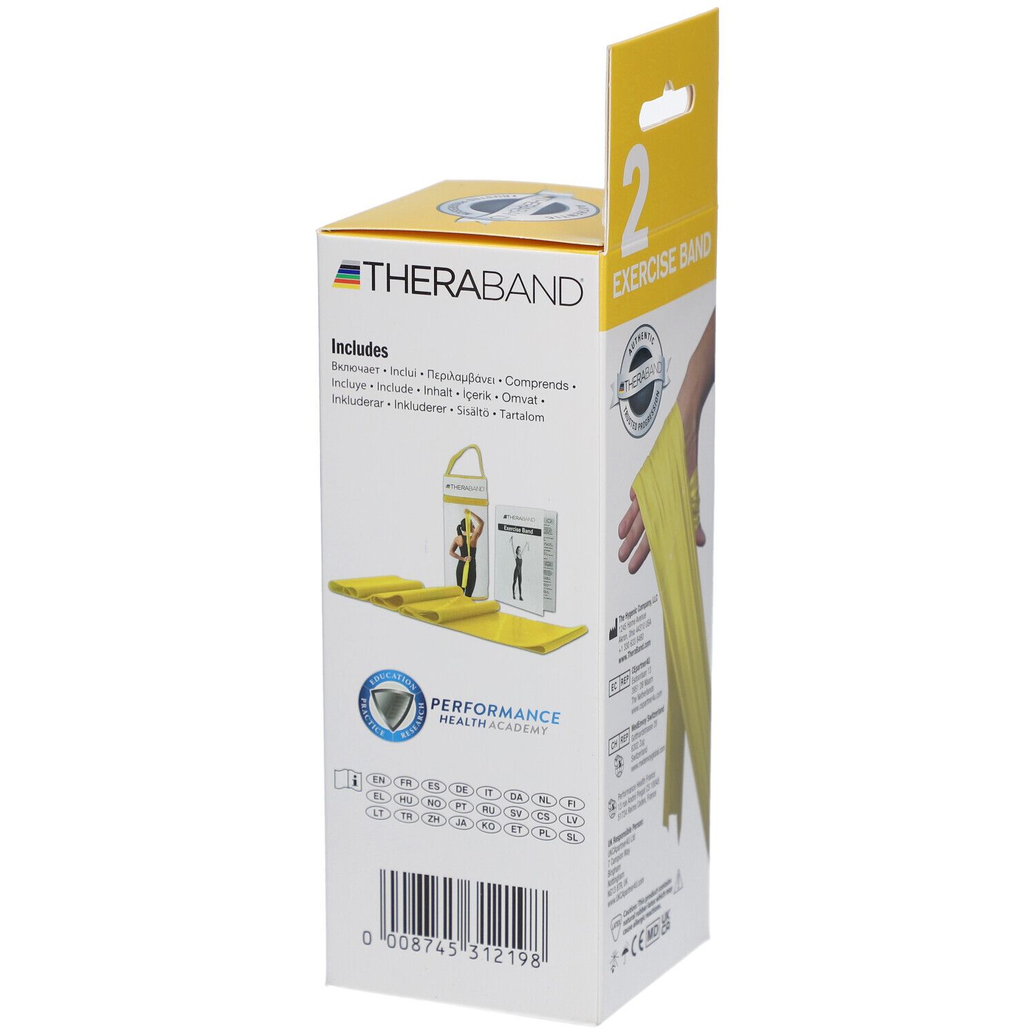 Verpackung mit gelbem Übungsband. Aufdruck: THERABAND, Exercise Band. Enthält: Band, Flyer. Rückseite mit Produktabbildungen.