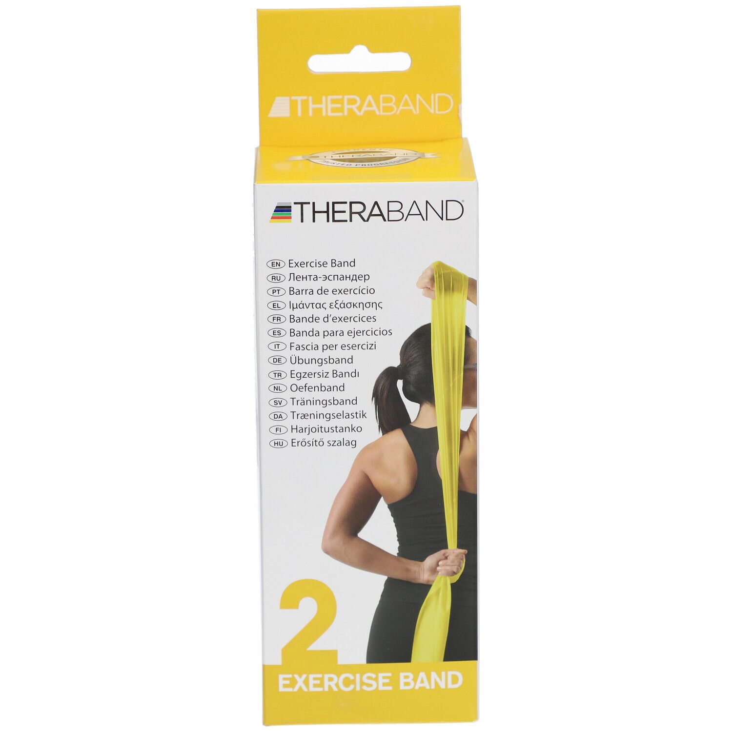 Verpackung mit gelbem Übungsband. Aufdruck: THERABAND, Exercise Band. Frau demonstriert Anwendung. Gelbes Band wird gedehnt.