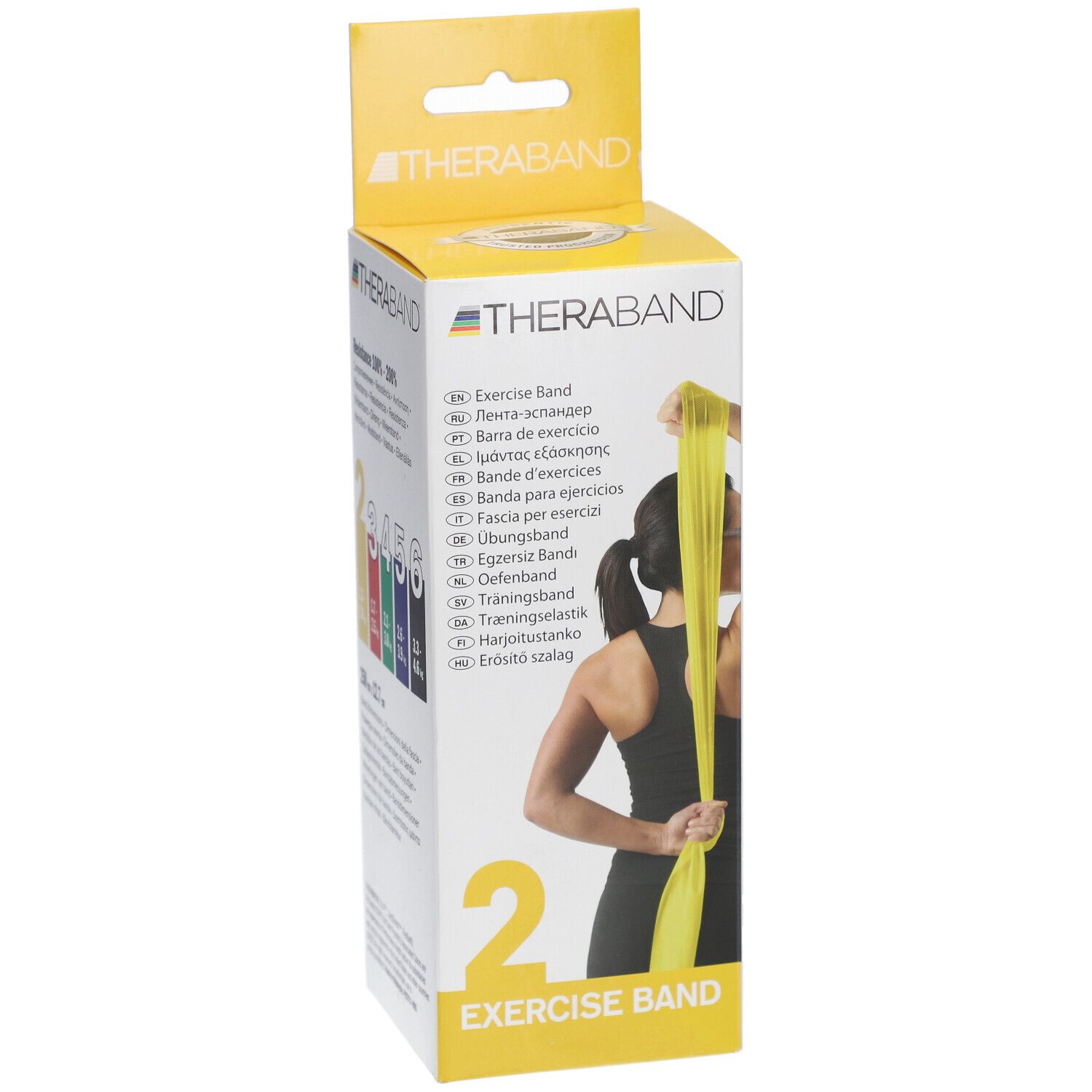 Verpackung mit gelbem Übungsband. Aufdruck: THERABAND, Exercise Band. Farbcode für Widerstandsstufen. Frau demonstriert Anwendung.