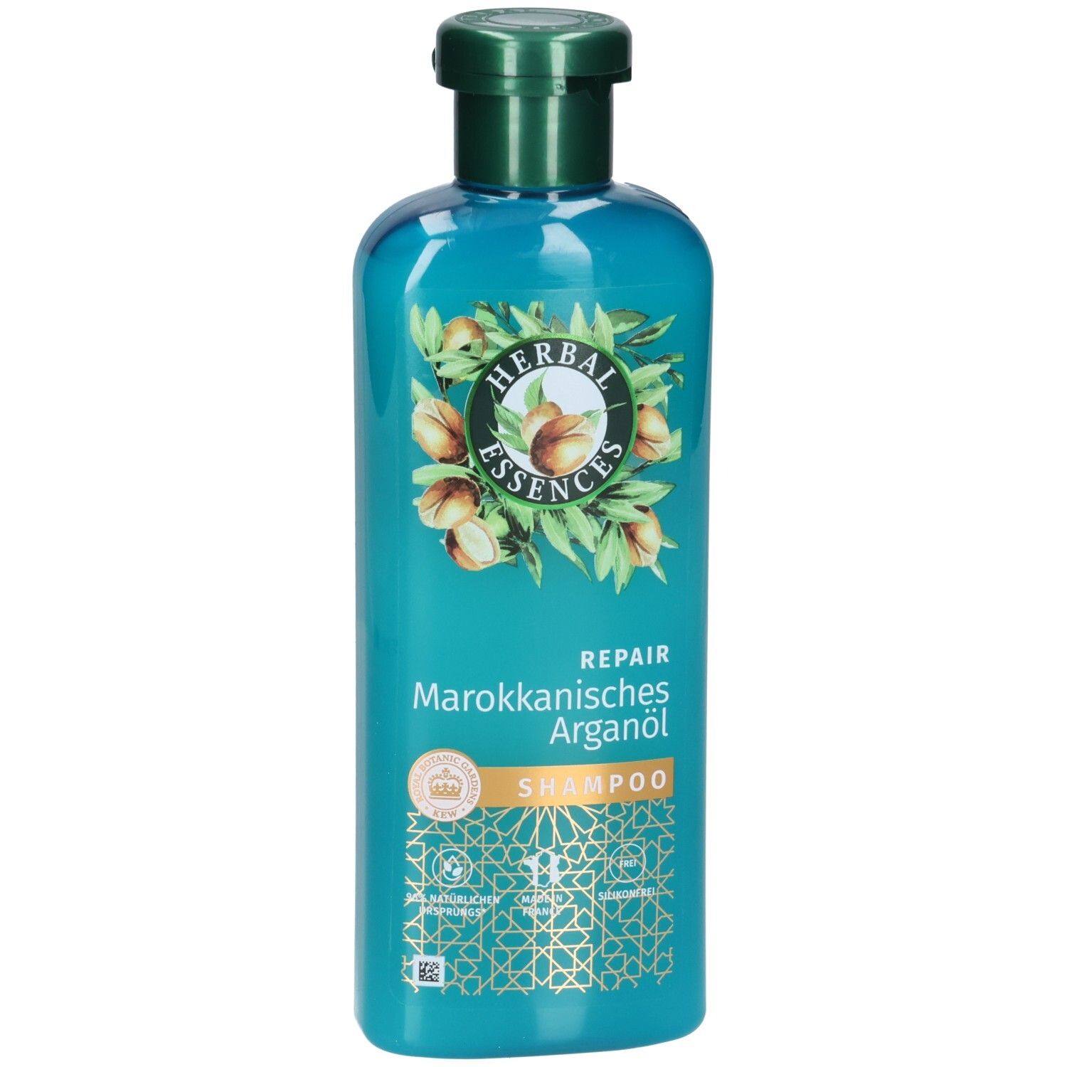 Türkisgrüne Shampoo-Flasche mit grünem Deckel. Aufschrift: Herbal Essences, Repair, Marokkanisches Arganöl. Abbildung von Arganfrüchten.