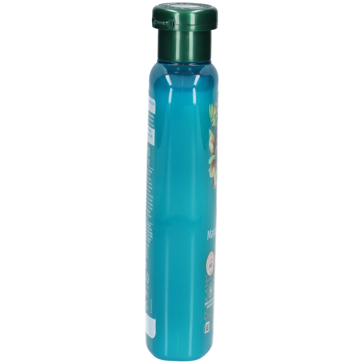 Schmale, türkisfarbene Shampoo-Flasche mit grünem Deckel. Seitenansicht. Etikett mit Text.