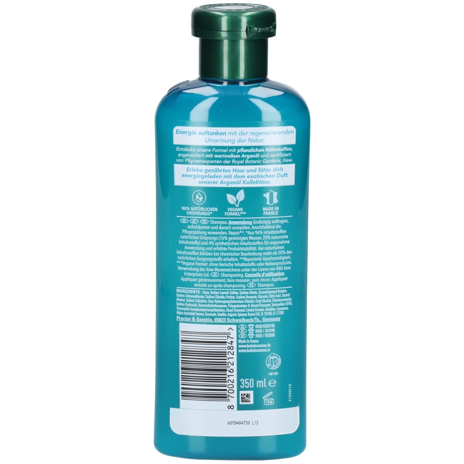 Rückseite der türkisfarbenen Shampoo-Flasche. Text in mehreren Sprachen. Barcode und Volumenangabe: 350 ml.