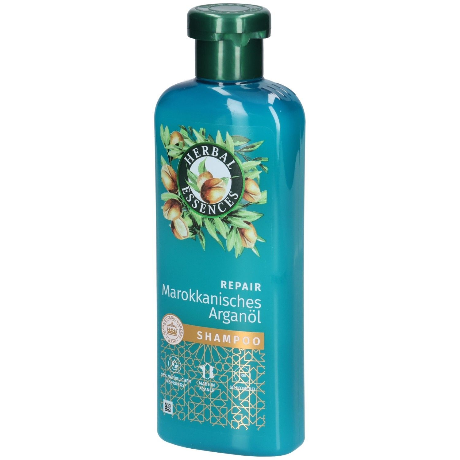 Türkisfarbene Shampoo-Flasche mit grünem Deckel. Aufschrift: Herbal Essences, Repair, Marokkanisches Arganöl. Abbildung von Arganfrüchten.