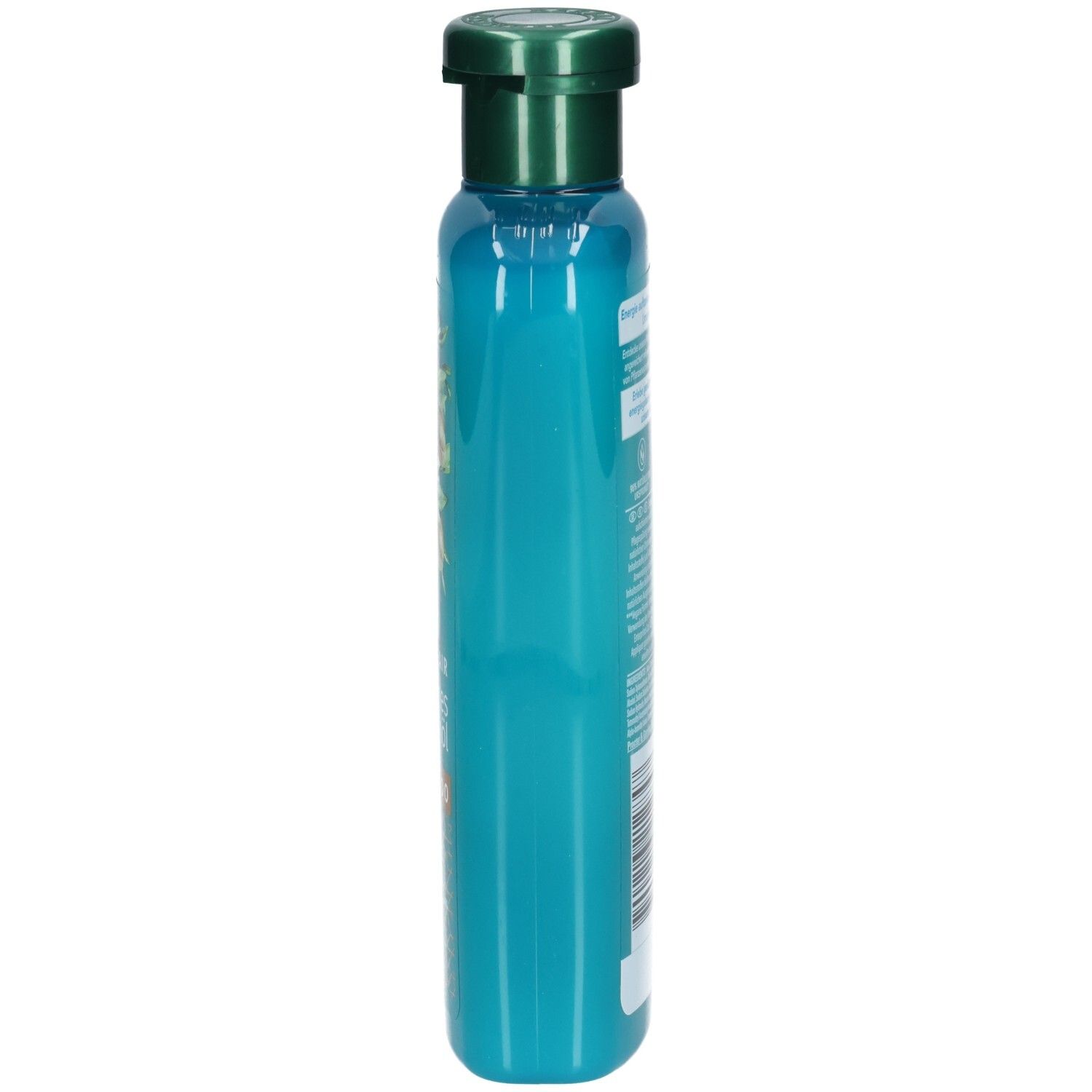 Schmale, türkisfarbene Shampoo-Flasche mit grünem Deckel. Seitenansicht. Etikett mit Text.