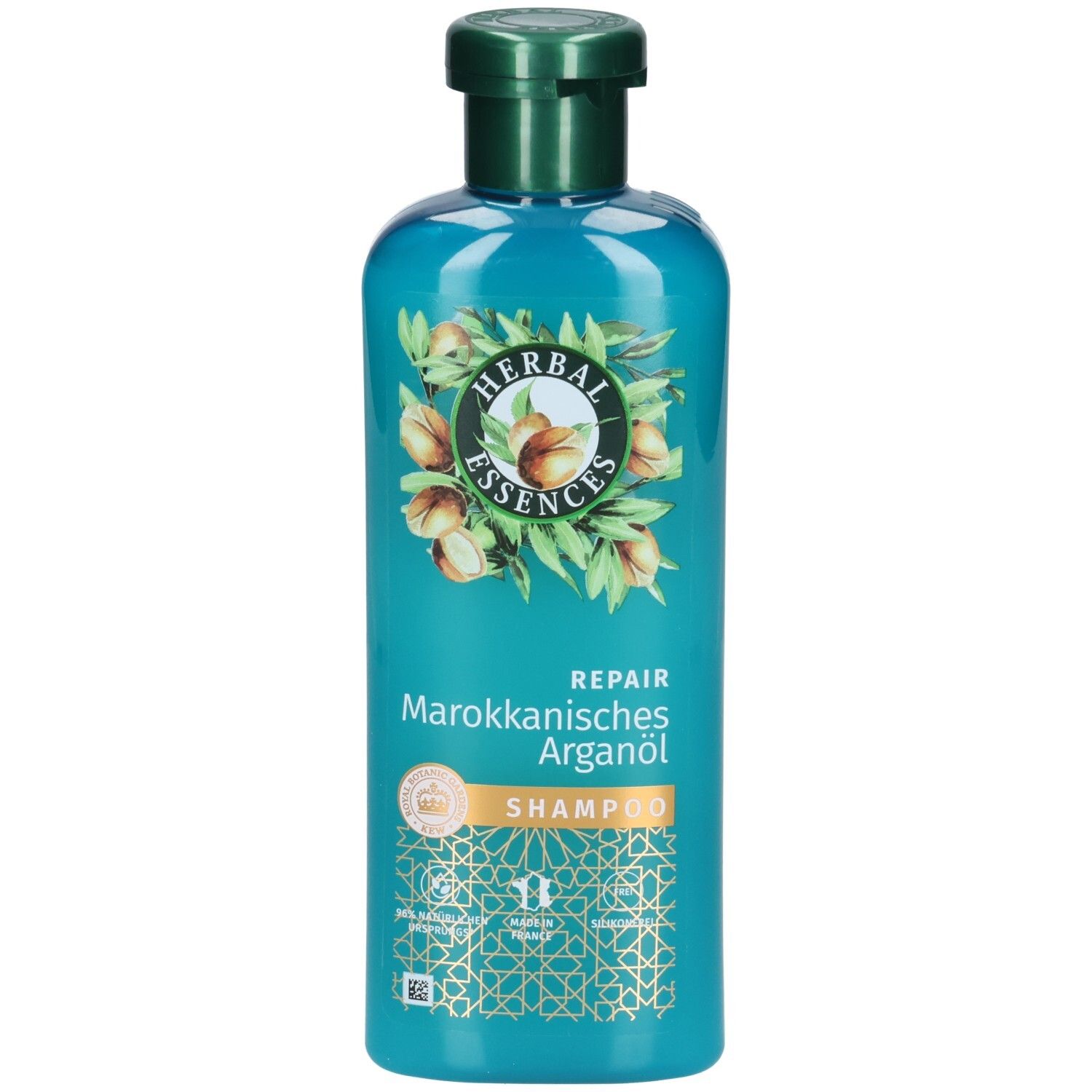 Türkisfarbene Shampoo-Flasche mit grünem Deckel. Aufschrift: Herbal Essences, Repair, Marokkanisches Arganöl. Abbildung von Arganfrüchten.