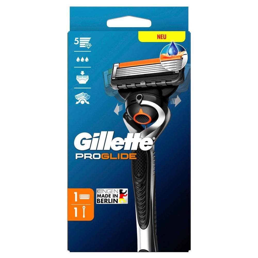 Rasierer mit schwarzem Griff und silbernen Akzenten. Verpackung mit Produktname und Logo. Enthält eine Klinge.