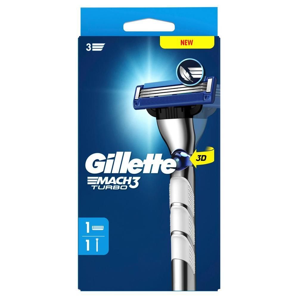 Gillette Mach3 Turbo Rasierer mit 3 Klingen. Blaue und silberne Elemente. Verpackung mit Produkt und Logo.