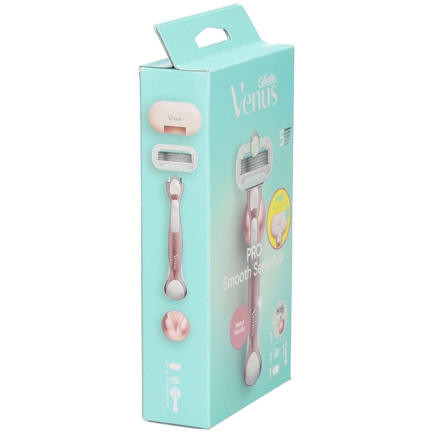 Verpackung mit Rasierer und Zubehör. Marke: Gillette Venus. Rosa Rasierer, 5 Klingen. Aufschrift: Pro Smooth Sensitive. Metallgriff.