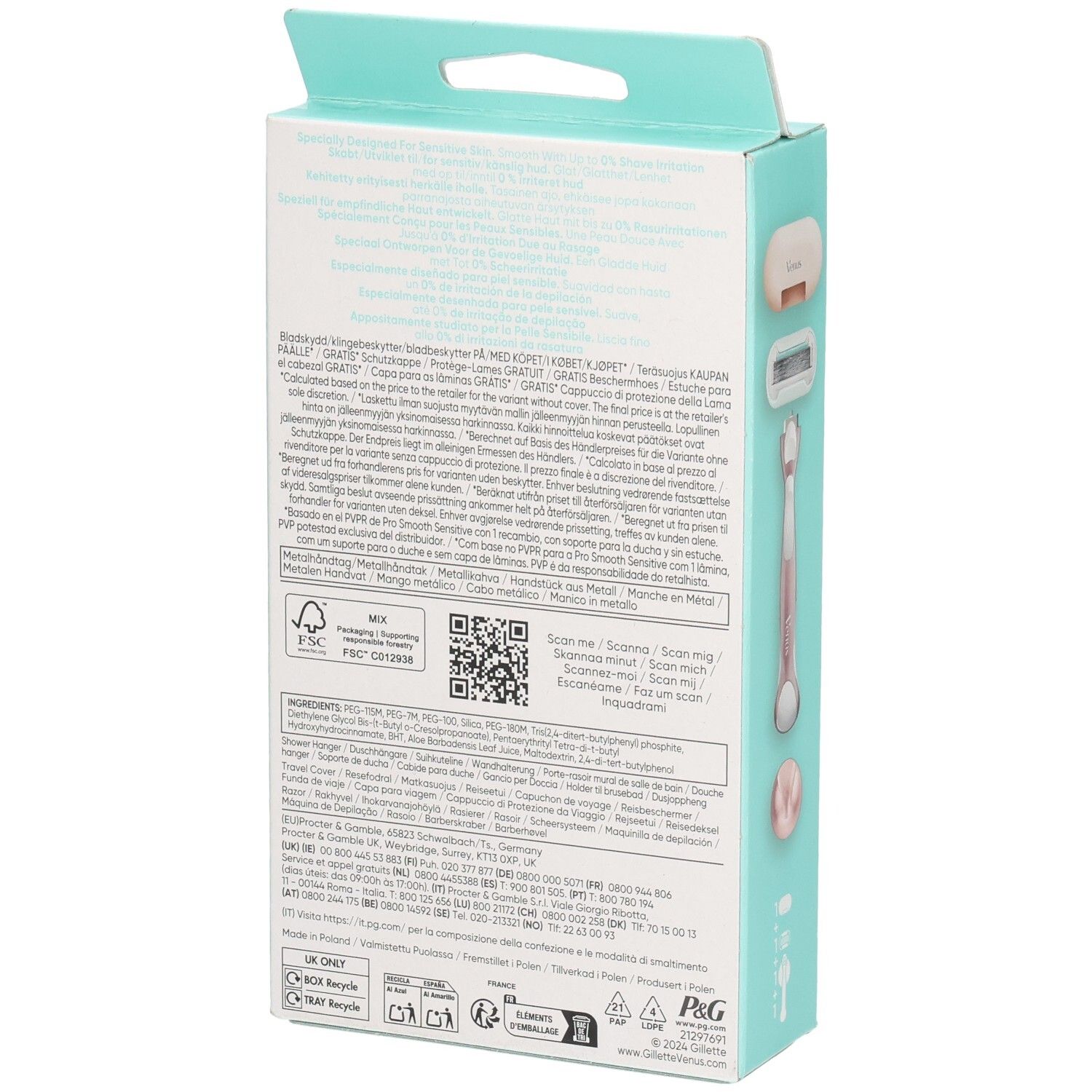 Rückseite der Verpackung. Marke: Gillette Venus. Textinformationen und Logos. FSC-Zertifizierung. QR-Code.