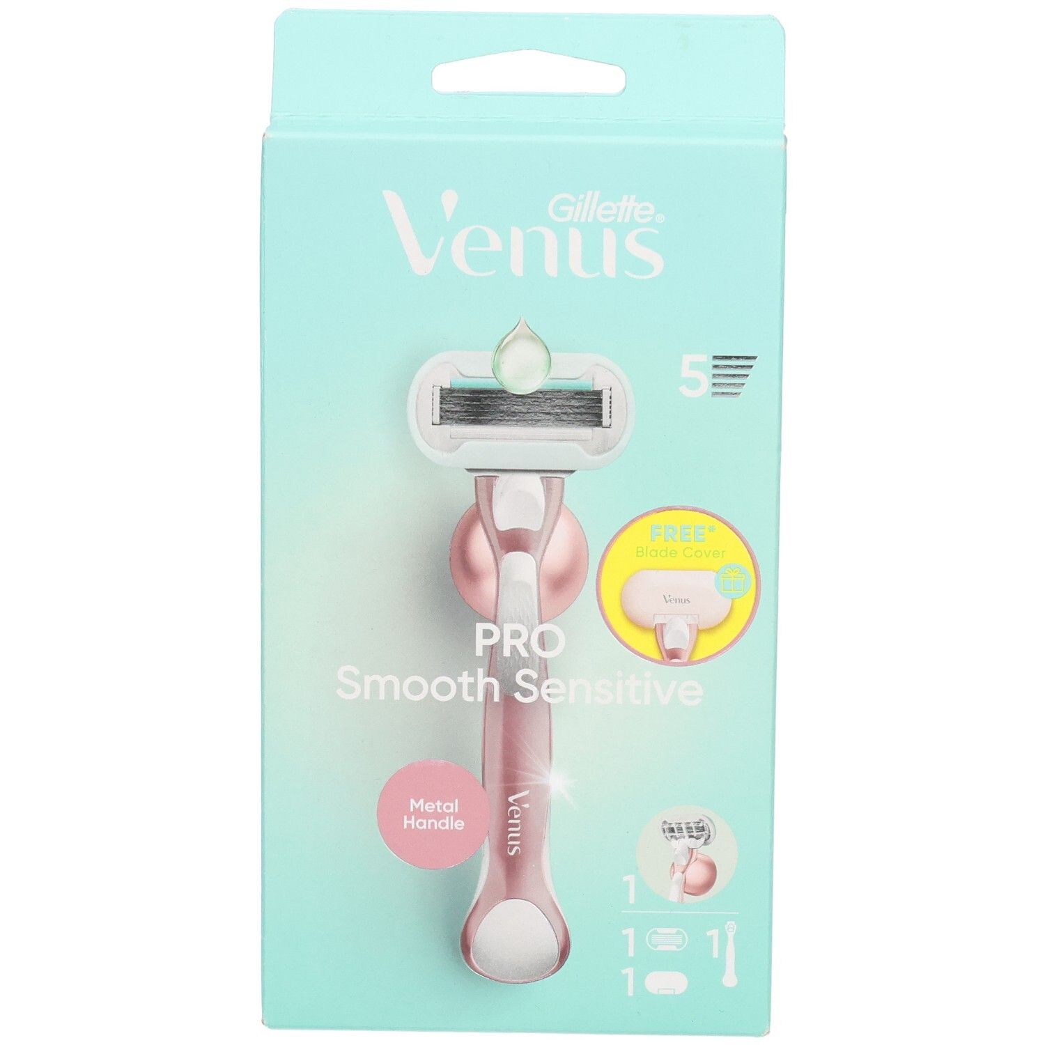 Verpackung mit Rasierer. Marke: Gillette Venus. Rosa Rasierer mit 5 Klingen. Aufschrift: Pro Smooth Sensitive. Metallgriff.
