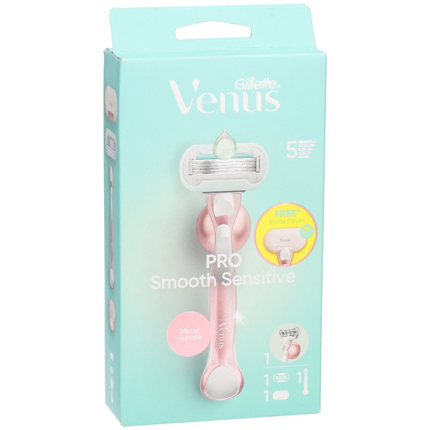Verpackung mit Rasierer. Marke: Gillette Venus. Rosa Rasierer mit 5 Klingen. Aufschrift: Pro Smooth Sensitive. Metallgriff.