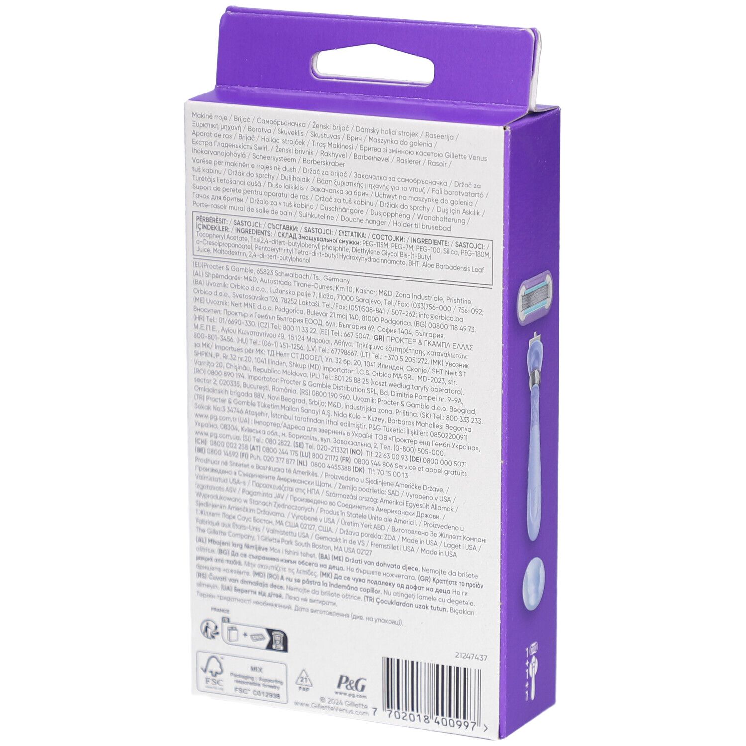 Rückseite der violetten Verpackung. Text in mehreren Sprachen. Abbildungen des Rasierers und der Klingen.