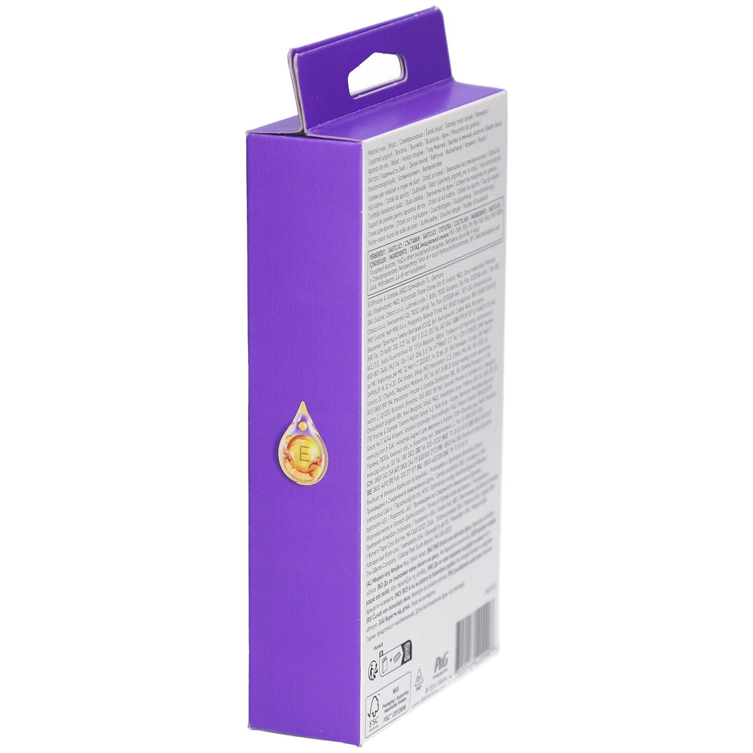 Seitenansicht der violetten Verpackung. Text und Logo. Goldener Tropfen mit dem Buchstaben E.