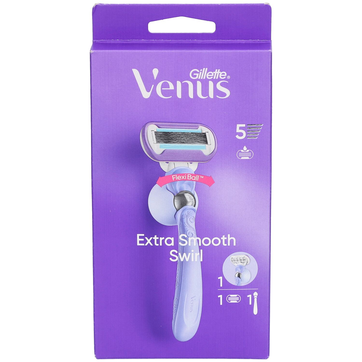 Violette Verpackung mit Rasierer. Aufschrift: Venus Gillette, Extra Smooth Swirl. Rasierer mit 5 Klingen und FlexiBall-Technologie.