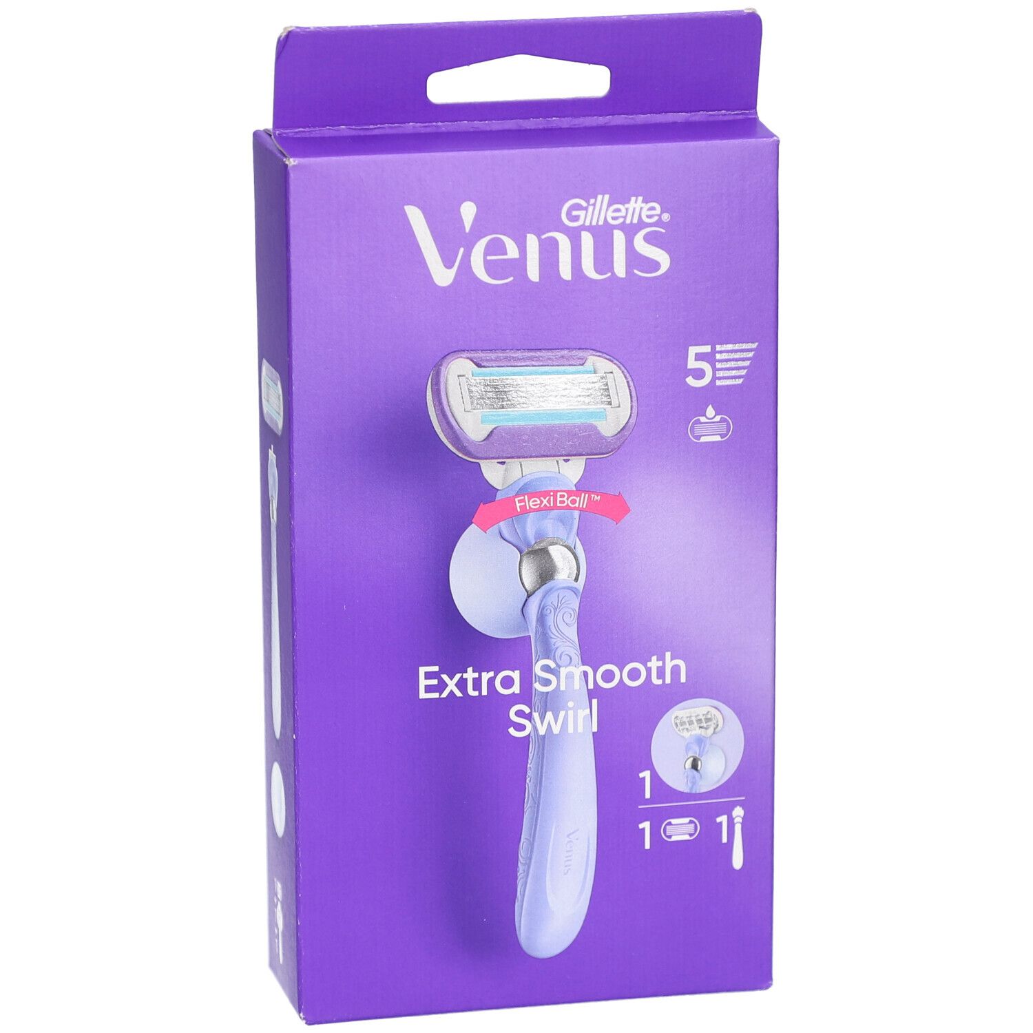 Violette Verpackung mit Rasierer. Aufschrift: Venus Gillette, Extra Smooth Swirl. Rasierer mit 5 Klingen und FlexiBall-Technologie.