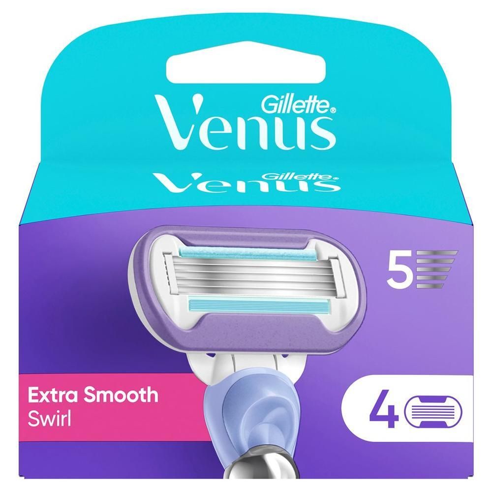 Verpackung mit Rasierklingen. Marke: Gillette Venus. Text: Extra Smooth Swirl, 5 Klingen, 4 Stück. Farben: Lila, Blau, Weiß.