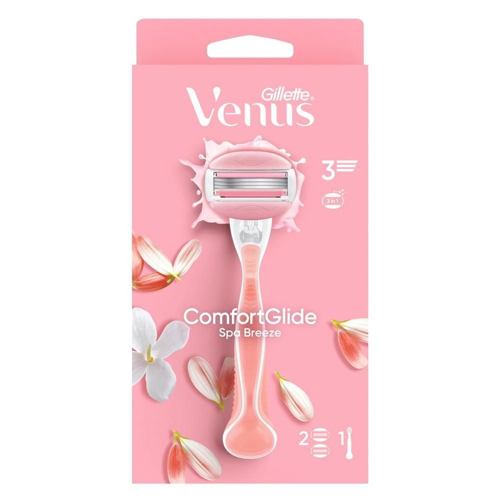 Rosa Verpackung mit Rasierer. Marke Gillette Venus, ComfortGlide Spa Breeze. Rasierer mit 3 Klingen, 2 Ersatzklingen.