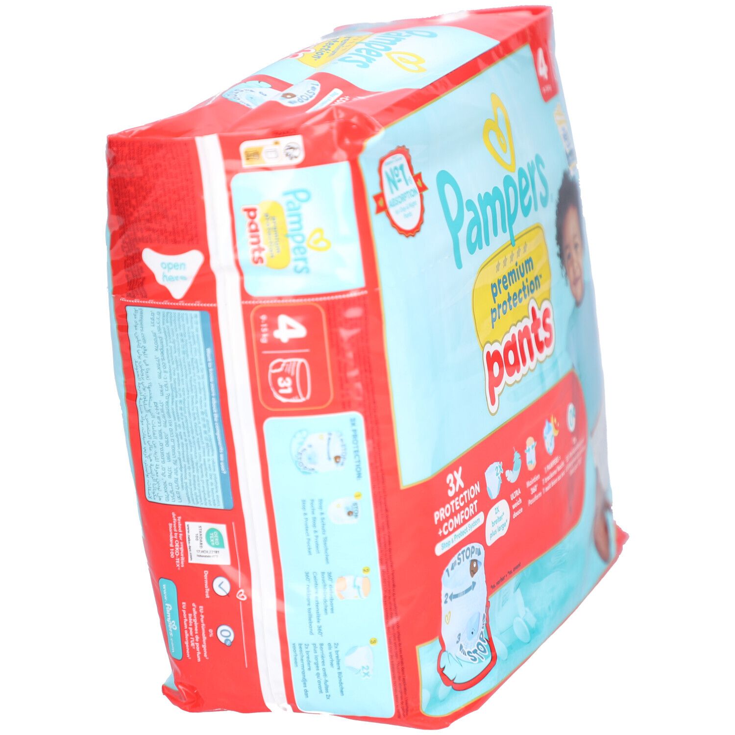 Pampers Premium Protection Pants, Verpackung schräg. Aufdrucke: Größe 4, 9-15 kg, 31 Stück. Details und Babyabbildung. Rote und blaue Verpackung.