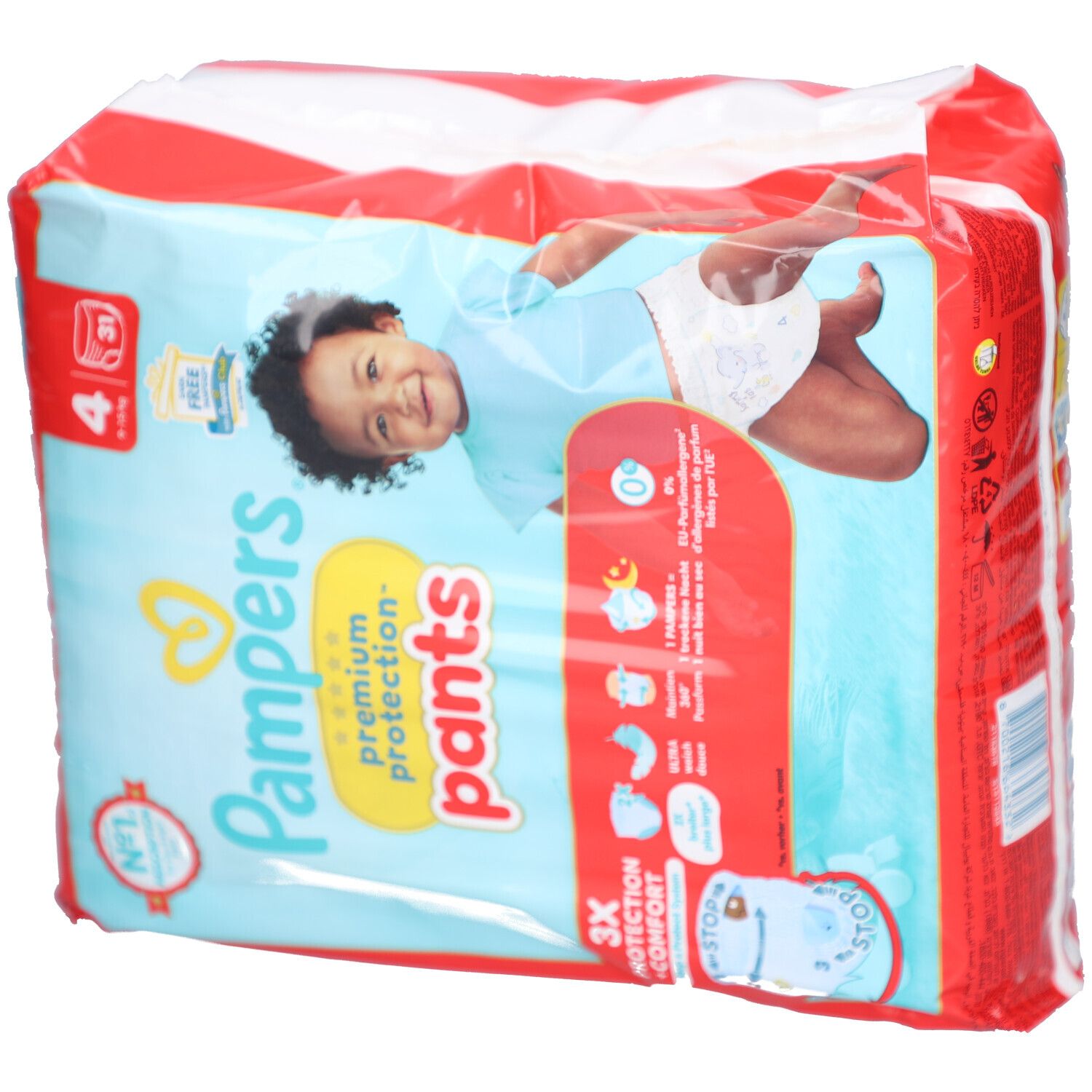 Pampers Premium Protection Pants, Größe 4, 9-15 kg, Maxi, 31 Stück. Verpackung mit Babyabbildung. Aufdrucke: 3X Schutz + Komfort, Nr. 1 Absorption.