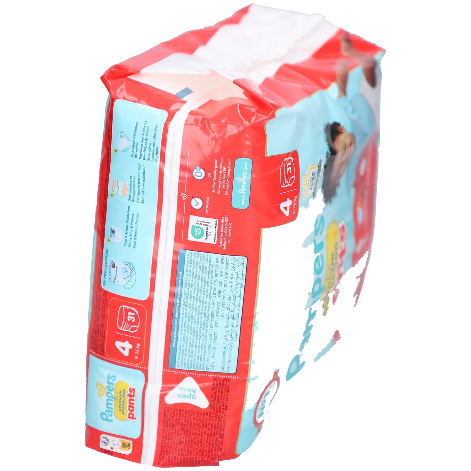 Pampers Premium Protection Pants, Verpackungsrückseite. Aufdrucke: Größe 4, 9-15 kg, 31 Stück. Details und Babyabbildung. Rote und blaue Verpackung.