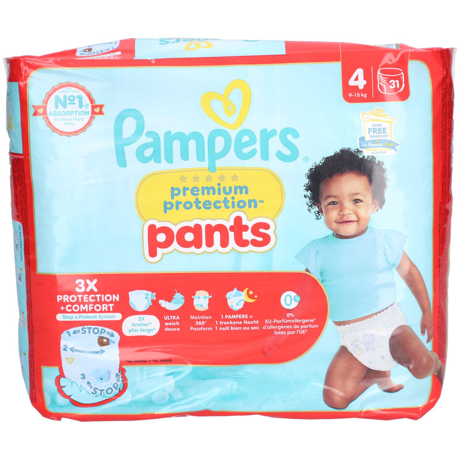 Pampers Premium Protection Pants, Größe 4, 9-15 kg, Maxi, 31 Stück. Verpackung mit Babyabbildung. Aufdrucke: 3X Schutz + Komfort, Nr. 1 Absorption.