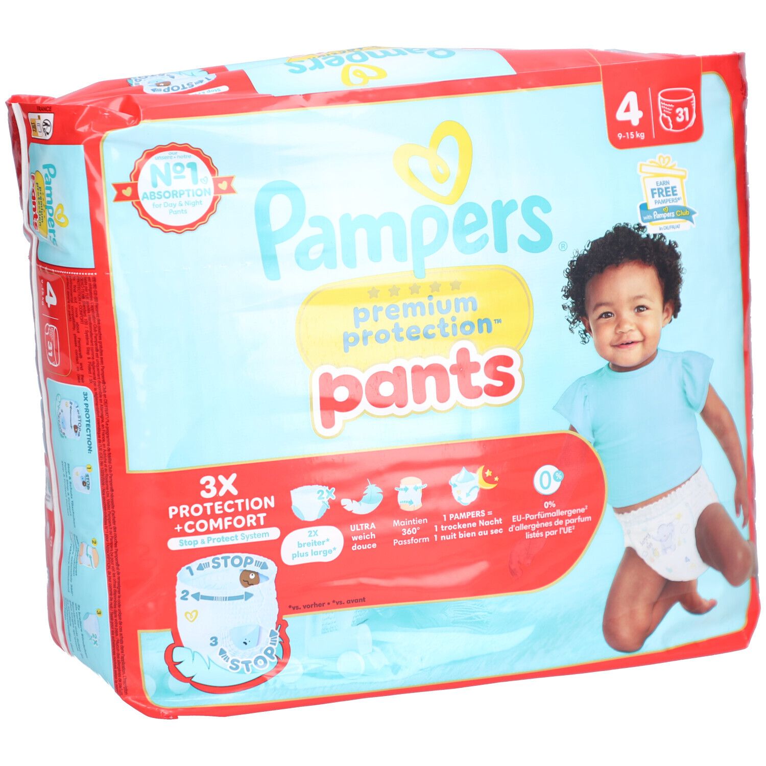 Pampers Premium Protection Pants, Verpackung schräg. Aufdrucke: Größe 4, 9-15 kg, 31 Stück. Details und Babyabbildung. Rote und blaue Verpackung.