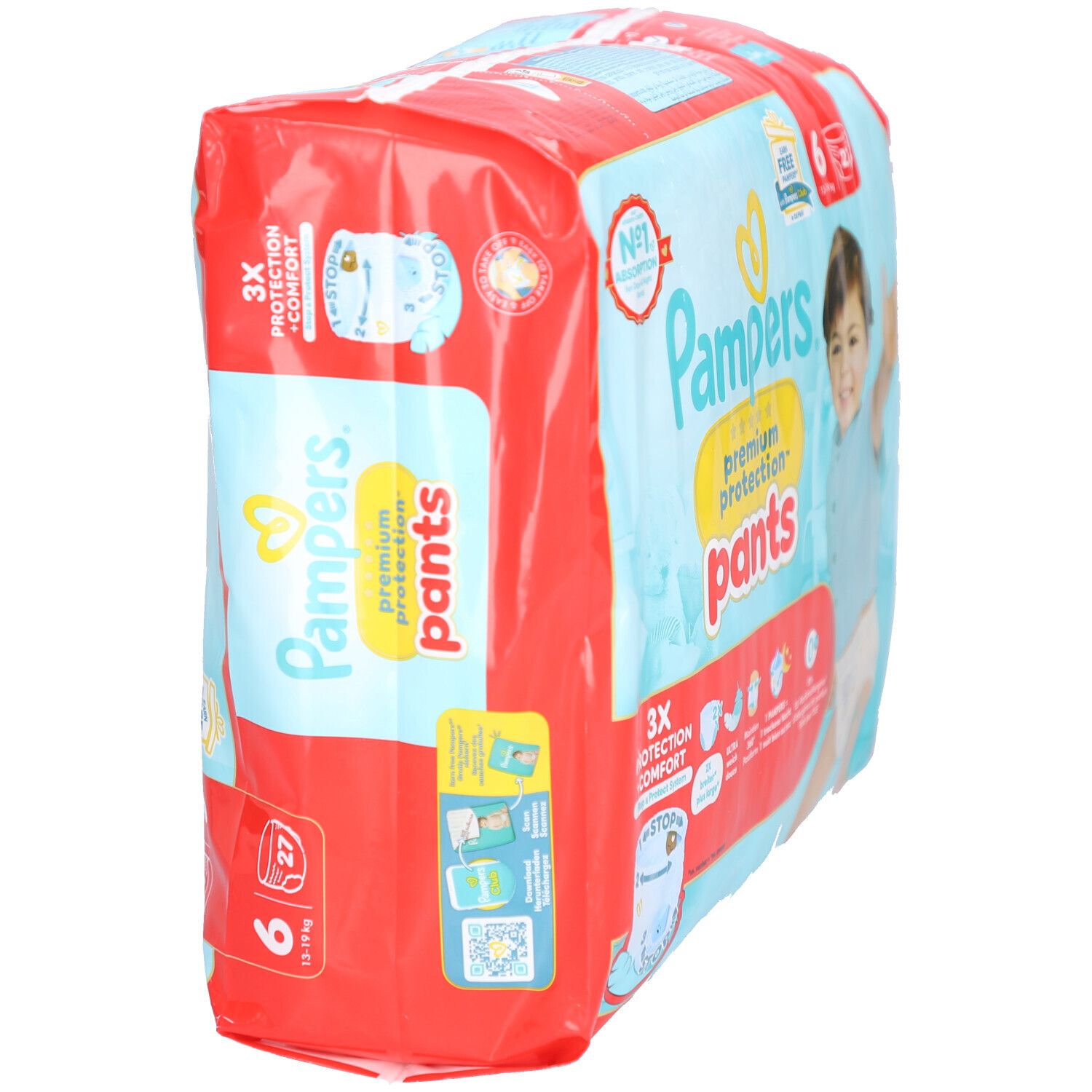 Pampers Premium Protection Pants, Größe 6, 27 Stück. Rote Verpackung mit Babyabbildung. Aufdrucke: 3X Schutz + Komfort, Nr. 1 Absorption.