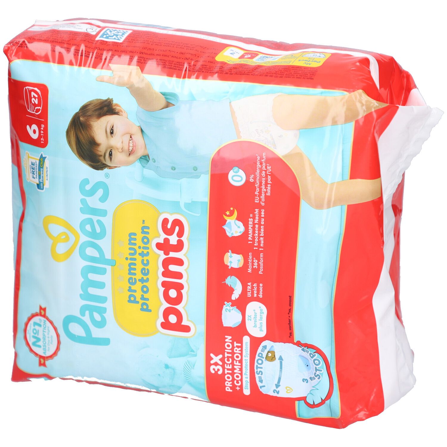 Pampers Premium Protection Pants, Größe 6, 27 Stück. Verpackung mit Babyabbildung. Aufdrucke: 3X Schutz + Komfort, Nr. 1 Absorption.