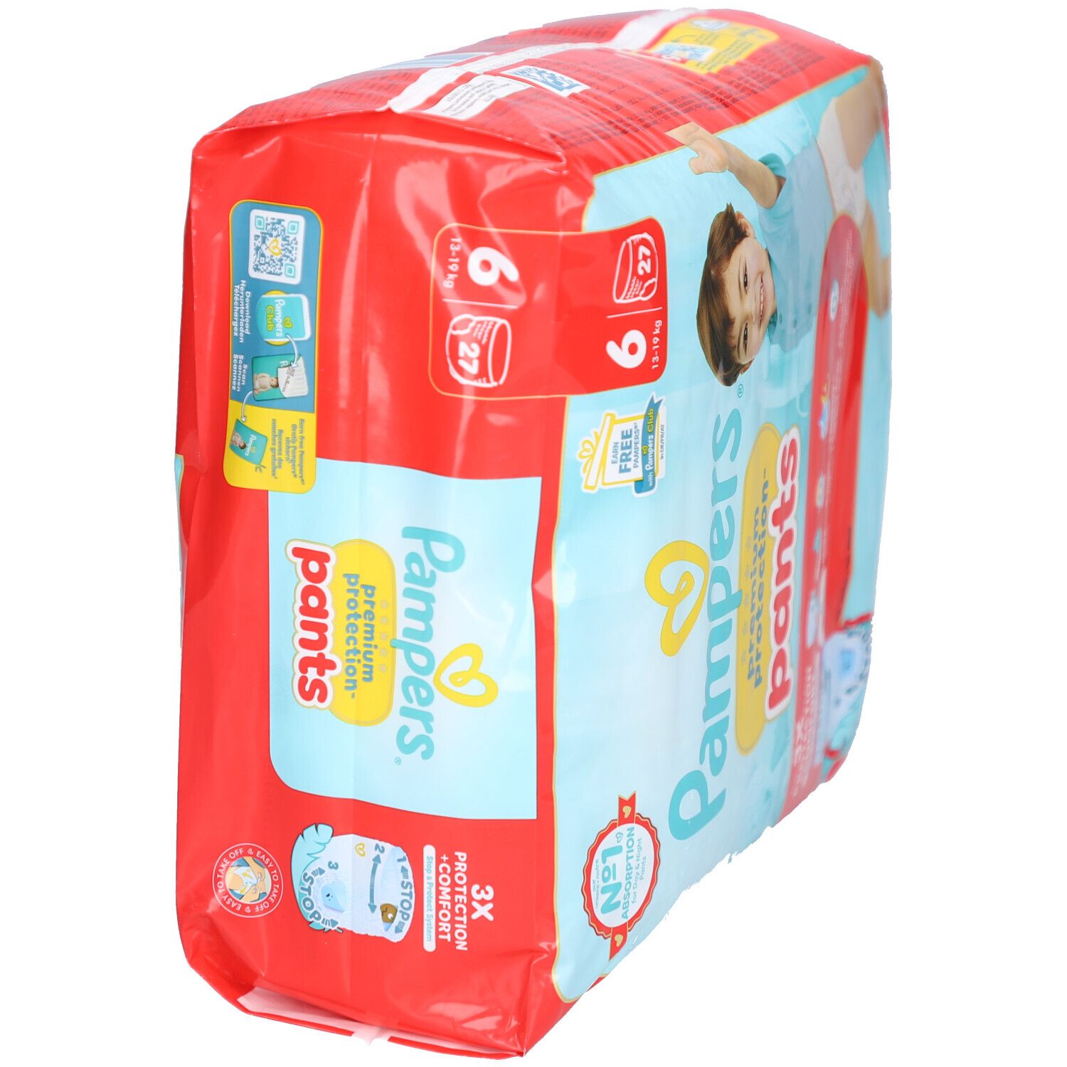 Pampers Premium Protection Pants, Größe 6, 27 Stück. Rote Verpackung mit Babyabbildung. Aufdrucke: 3X Schutz + Komfort, Nr. 1 Absorption.