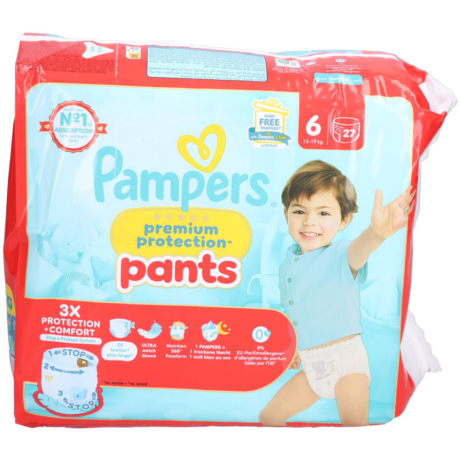 Pampers Premium Protection Pants, Größe 6, 27 Stück. Verpackung mit Babyabbildung. Aufdrucke: 3X Schutz + Komfort, Nr. 1 Absorption.