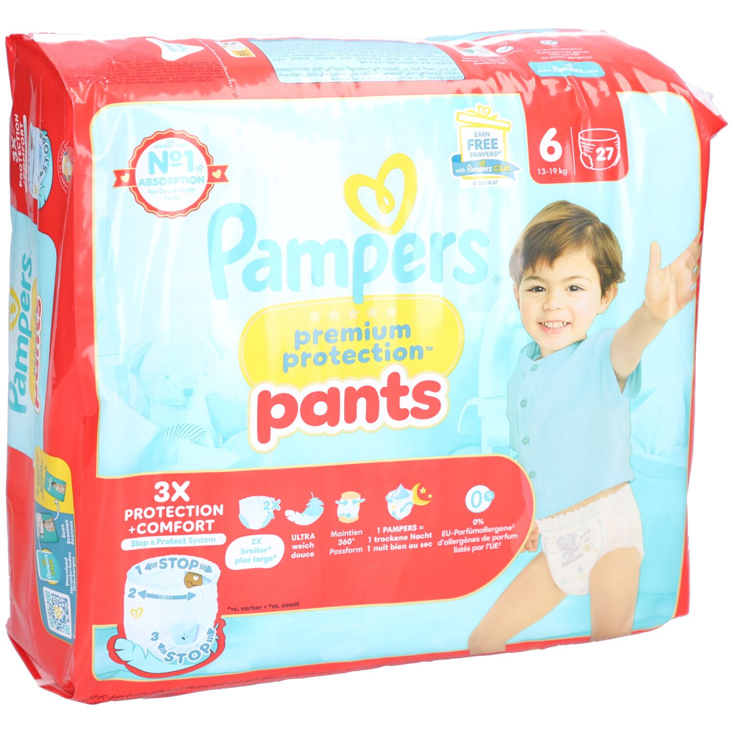 Pampers Premium Protection Pants, Größe 6, 27 Stück. Verpackung mit Babyabbildung. Aufdrucke: 3X Schutz + Komfort, Nr. 1 Absorption.