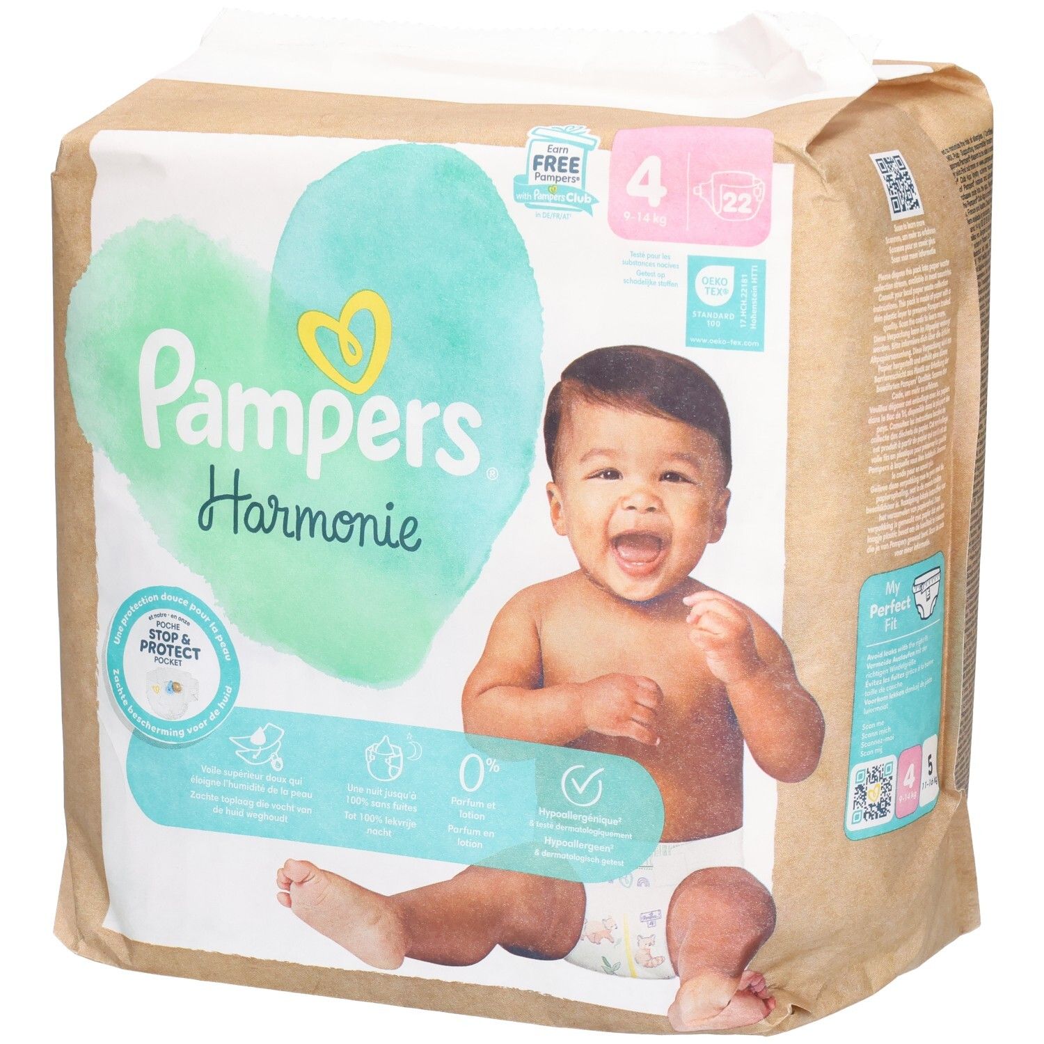Pampers Harmonie Gr. 4 Windeln, Packung mit 22 Stück. Aufdruck: Baby, Herz, Stop & Protect, 0%. Verpackung.