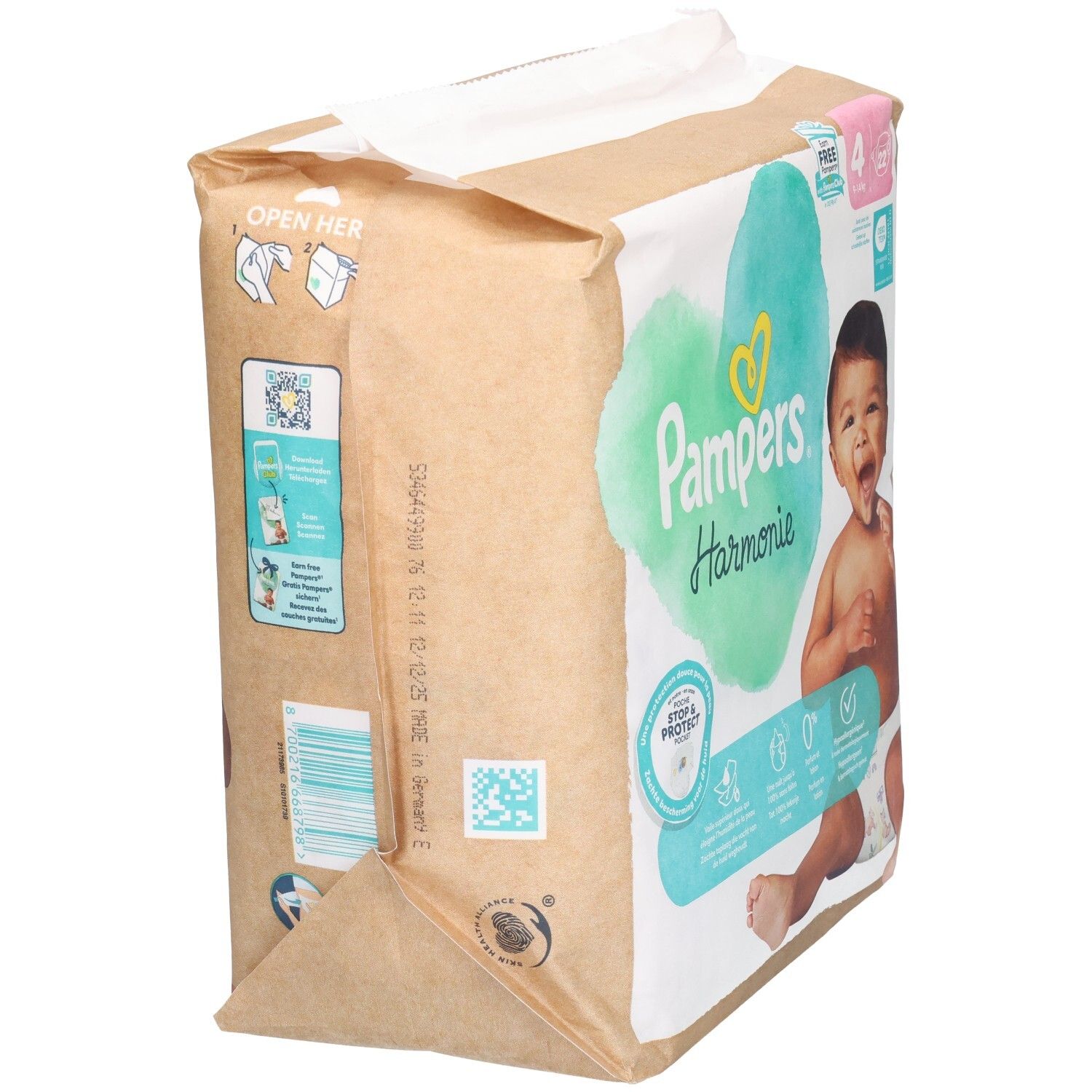Pampers Harmonie Windelpackung, Seitenansicht. Aufdruck: Baby, Herz, Stop & Protect, 0%. Verpackung.