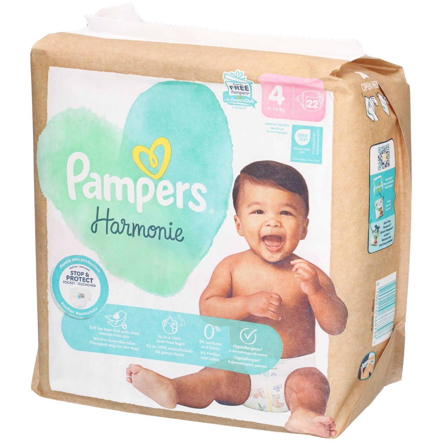 Pampers Harmonie Gr. 4 Windeln, Packung mit 22 Stück. Aufdruck: Baby, Herz, Stop & Protect, 0%. Verpackung.