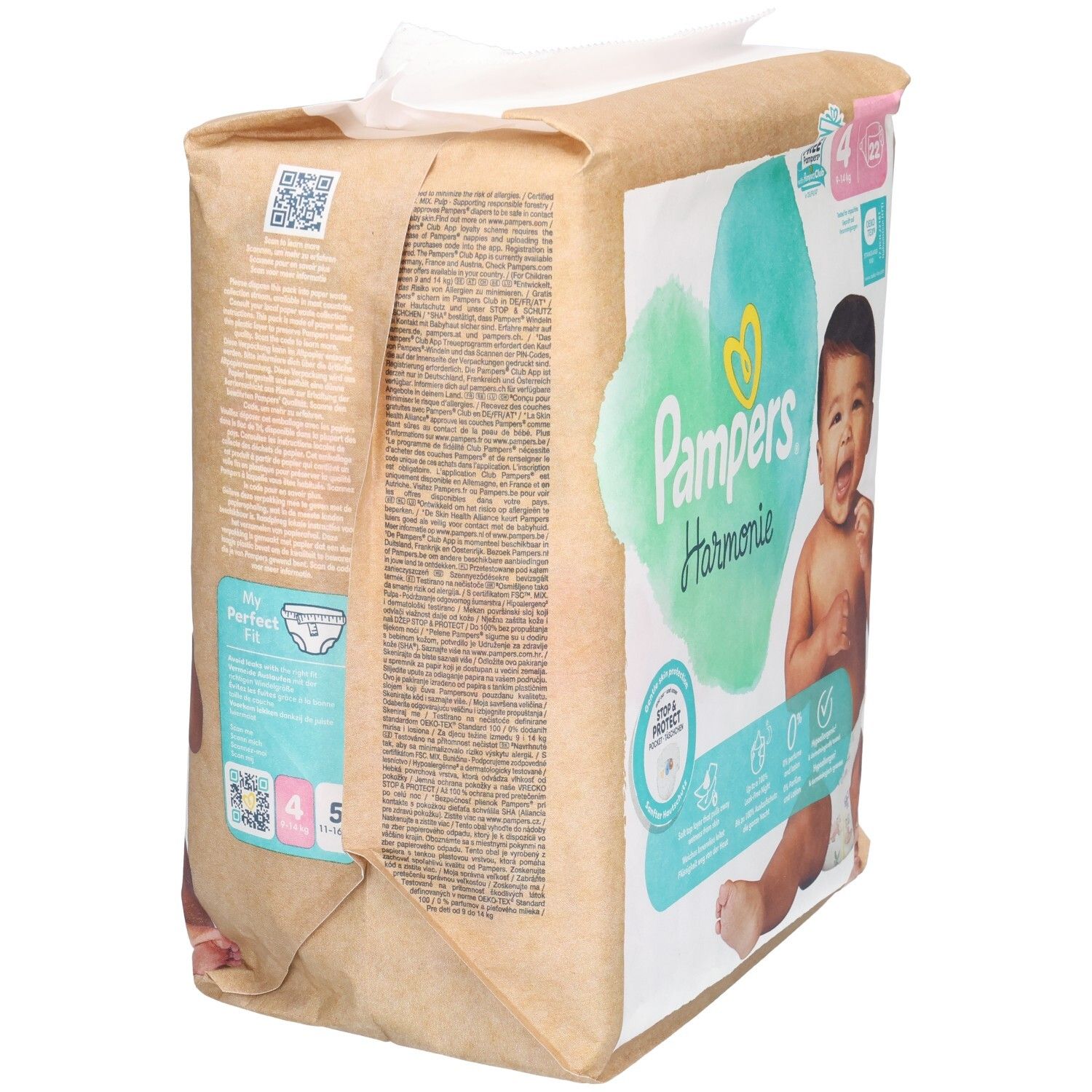 Pampers Harmonie Windelpackung, Rückseite. Aufdruck: Baby, Herz, Stop & Protect, 0%. Verpackung.