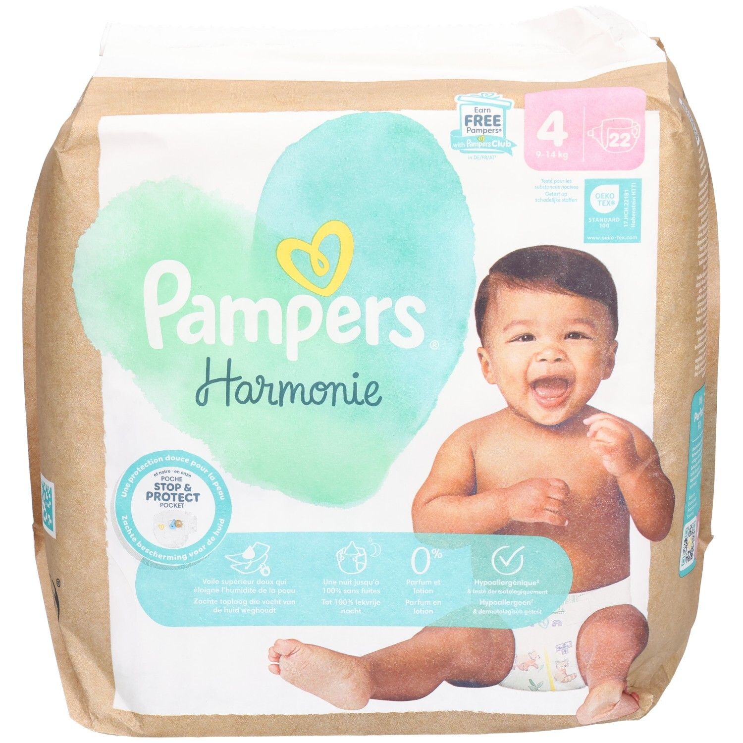 Pampers Harmonie Gr. 4 Windeln, Packung mit 22 Stück. Aufdruck: Baby, Herz, Stop & Protect, 0%. Verpackung.