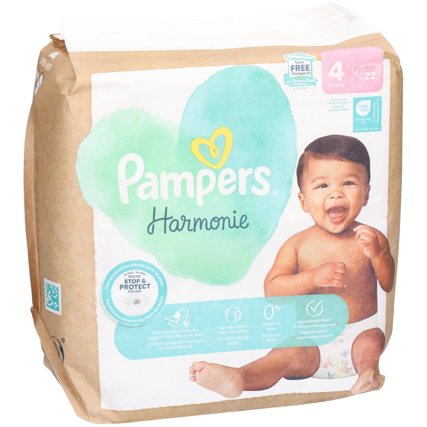 Pampers Harmonie Gr. 4 Windeln, Packung mit 22 Stück. Aufdruck: Baby, Herz, Stop & Protect, 0%. Verpackung.