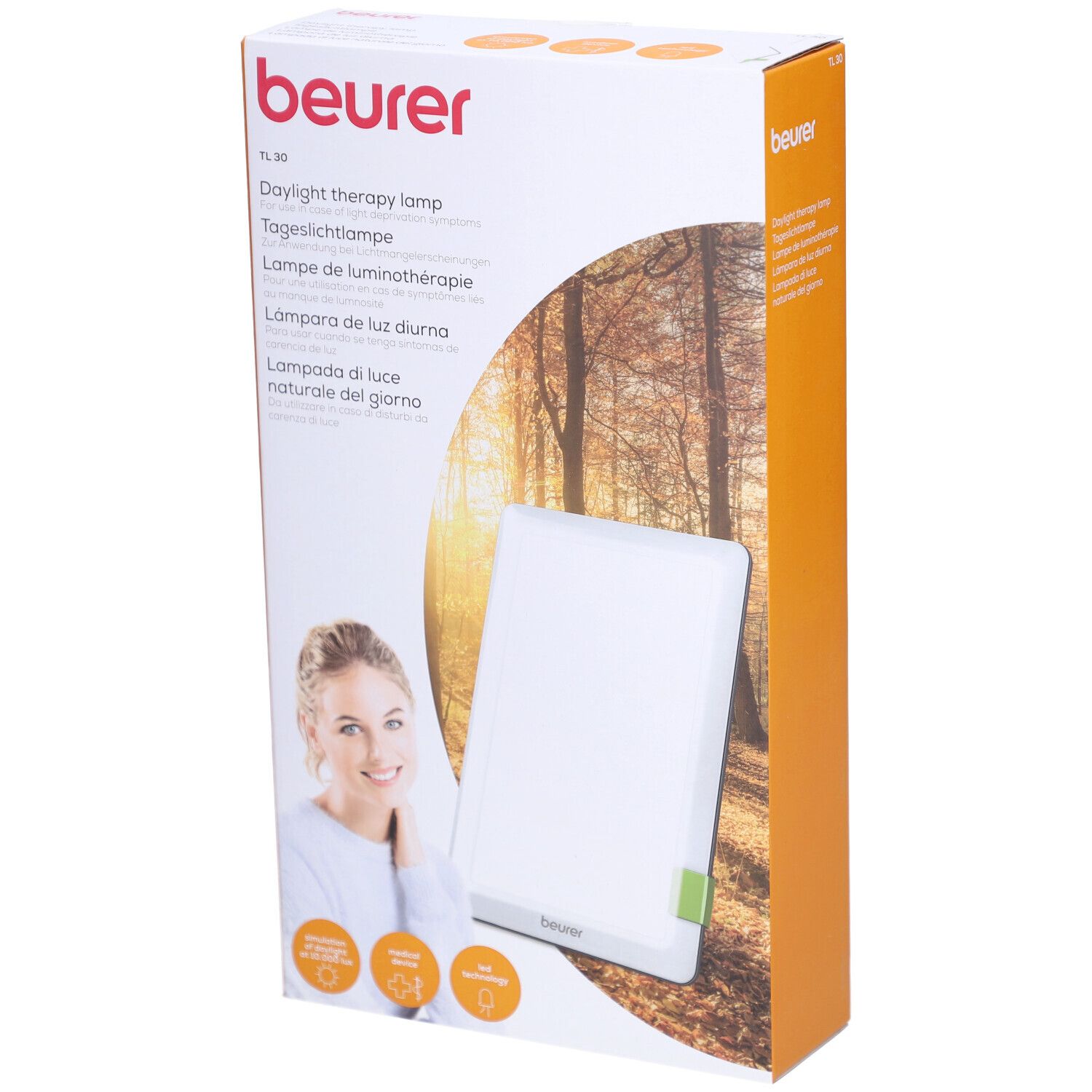 Verpackung der Tageslichtlampe. Aufdrucke: Beurer, TL 30, Tageslichtlampe, Lampe de luminothérapie, Lampara de luz diurna, Lampada di luce naturale del giorno. Produkt und Frau.